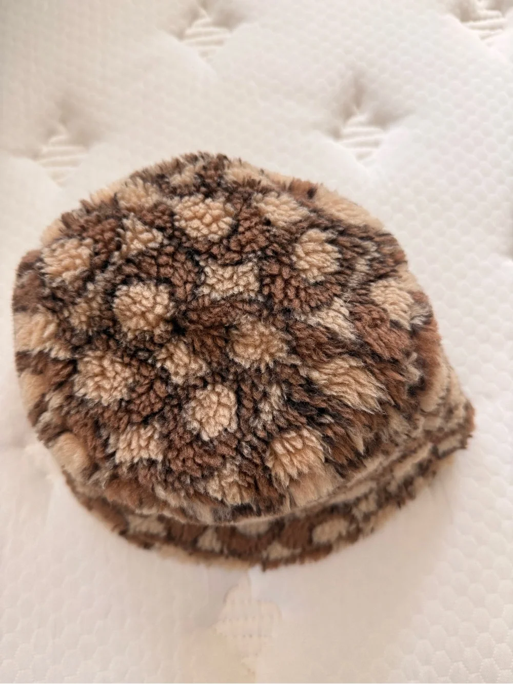 Coach Brown Signature Monogram Bucket Hat with Fur Trim